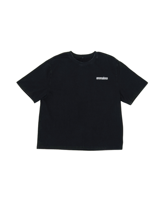 The Vessel Tee back view showing boxy fit and Anomalous lettering