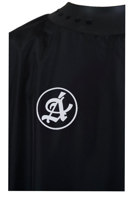 Space Black barber cape close-up - neoprene collar detail - Anomalous professional capes