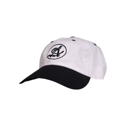 Anomalous two tone White cap with black brim and logo on a white background