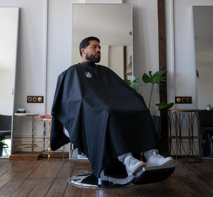 Space Black advanced collar barber cape full view - Anomalous professional grade